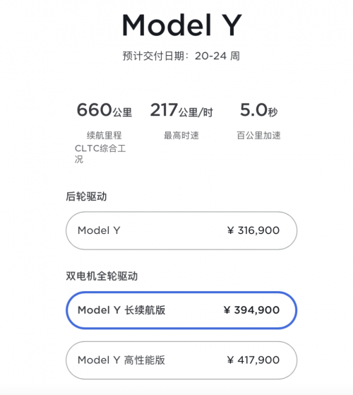 特斯拉Model Y长续航版涨1.9万元至39.49万